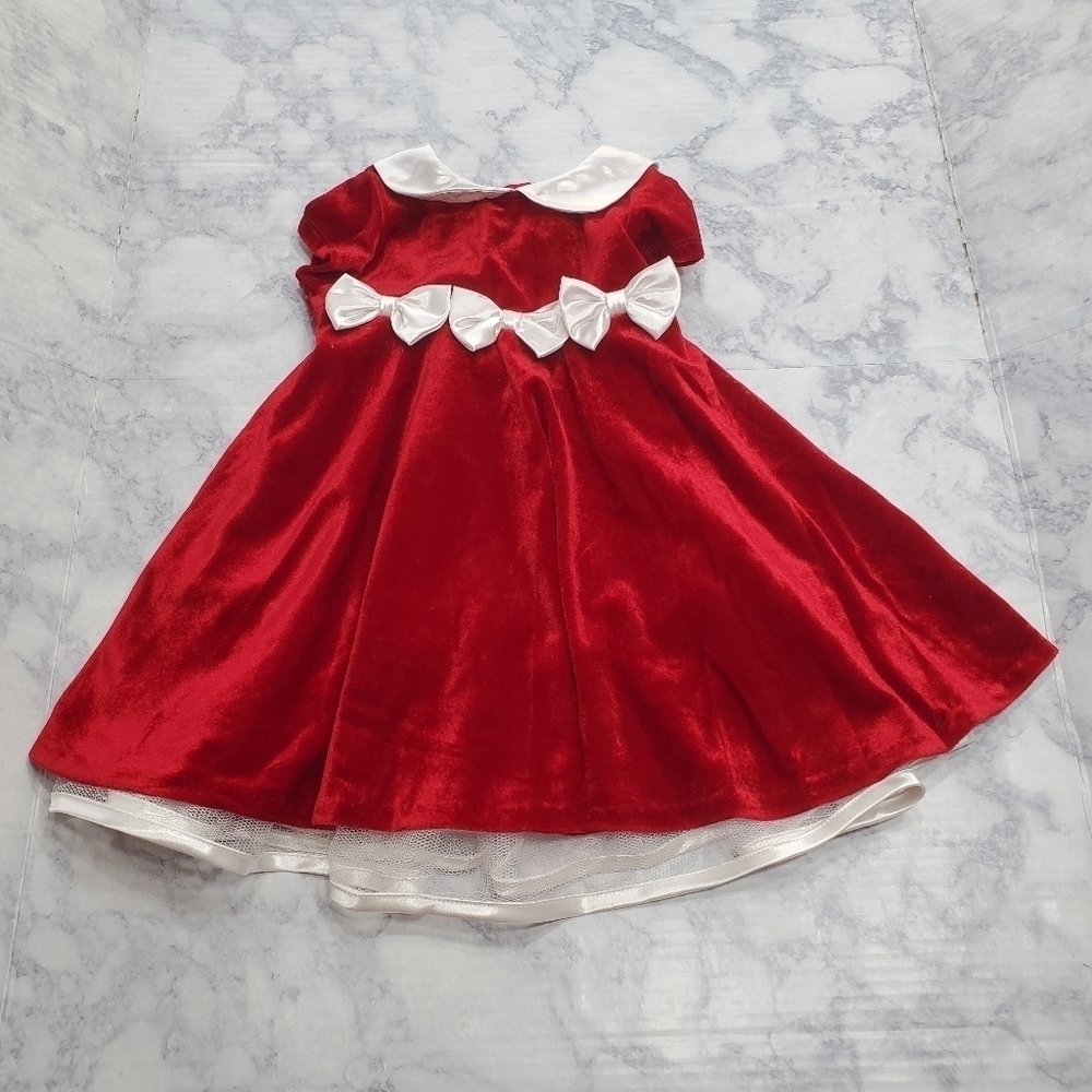Rare Editions Velvet Red Dress 12 months White Collar Bows Lined Holiday